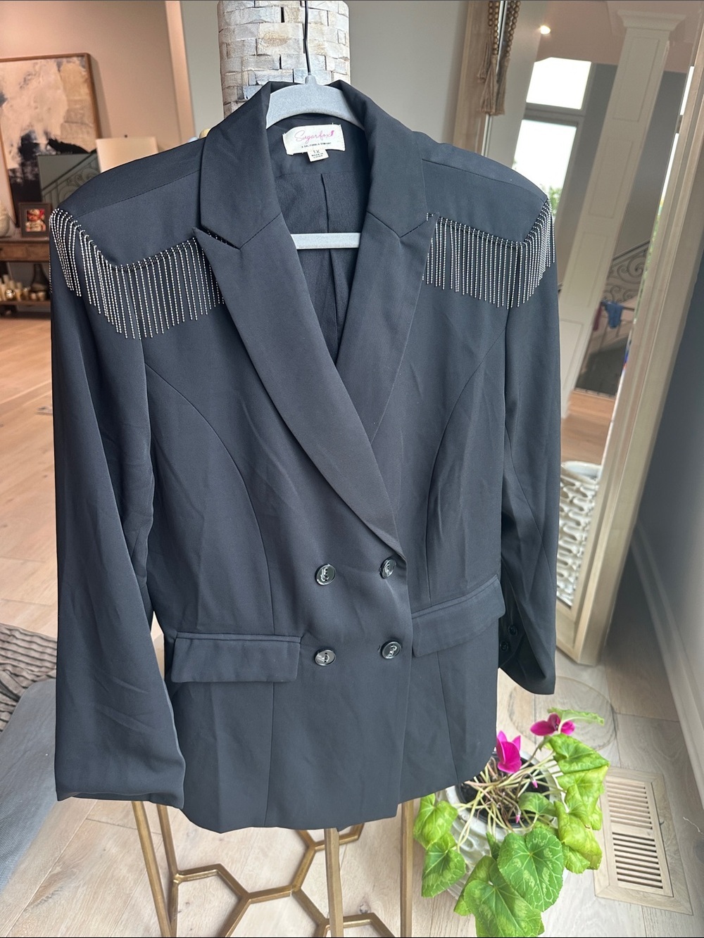 Black Double-Breasted Blazer with Shoulder Chain Fringe by Cynamon